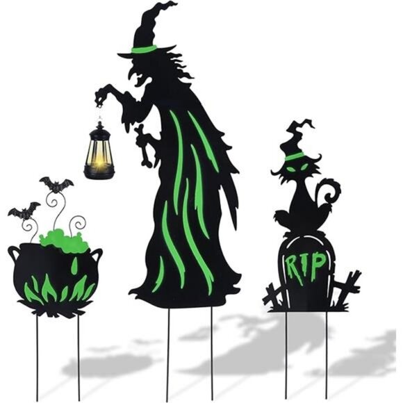 Halloween Decorations Outdoor- 3 Pack Metal Witch Yard Stakes with solar lantern - Picture 7 of 7